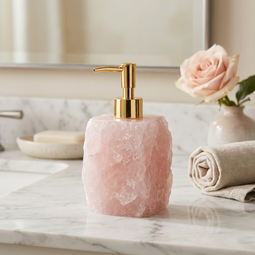 Pink stone soap dispenser with gold pump on a marble countertop with a rose and towel in the background.