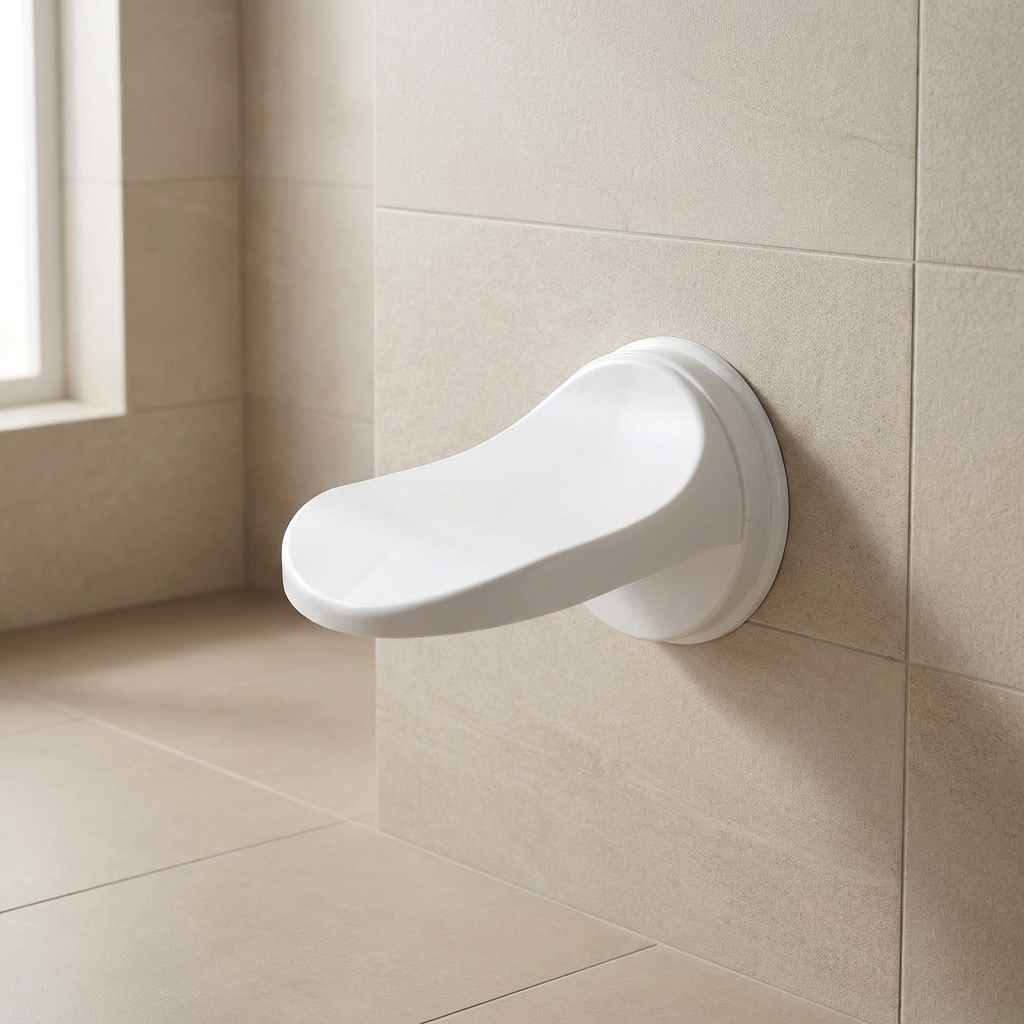 White grab bar mounted on a tiled bathroom wall