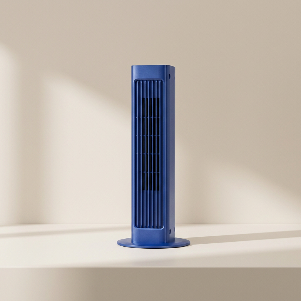 Blue tower fan on a beige background