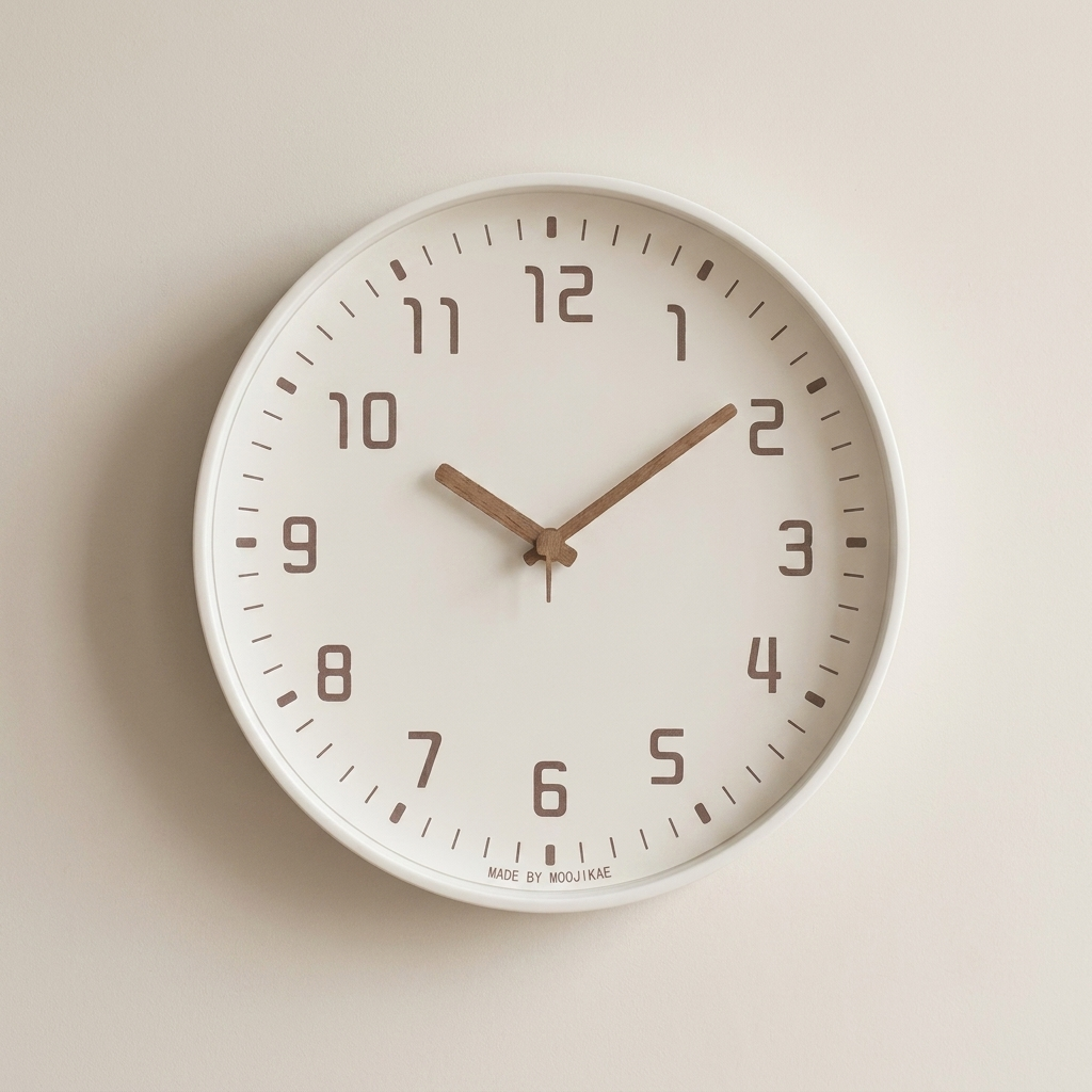 White wall clock with brown hands on a beige background