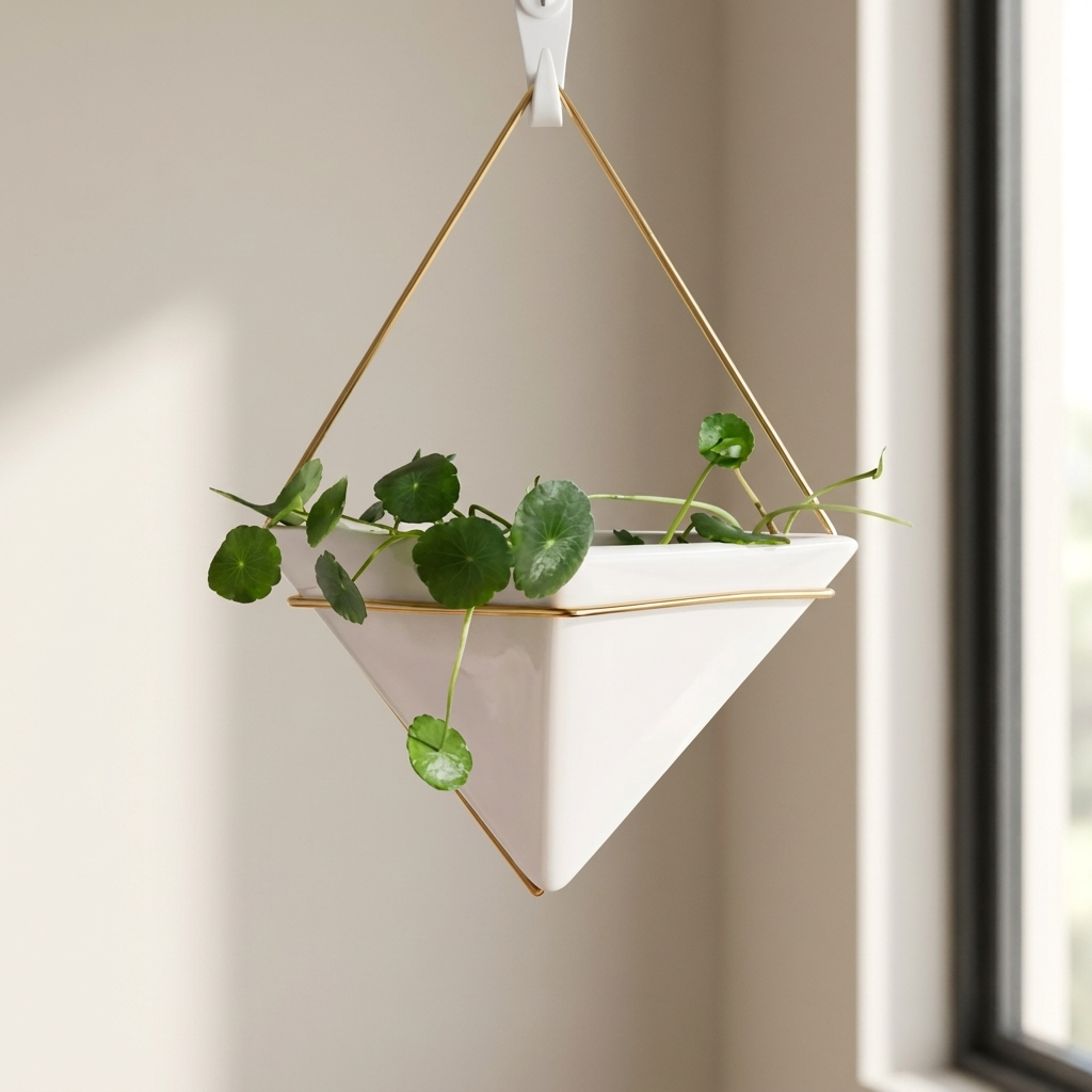 Triangular white hanging planter with gold accents and green plants against a neutral wall.