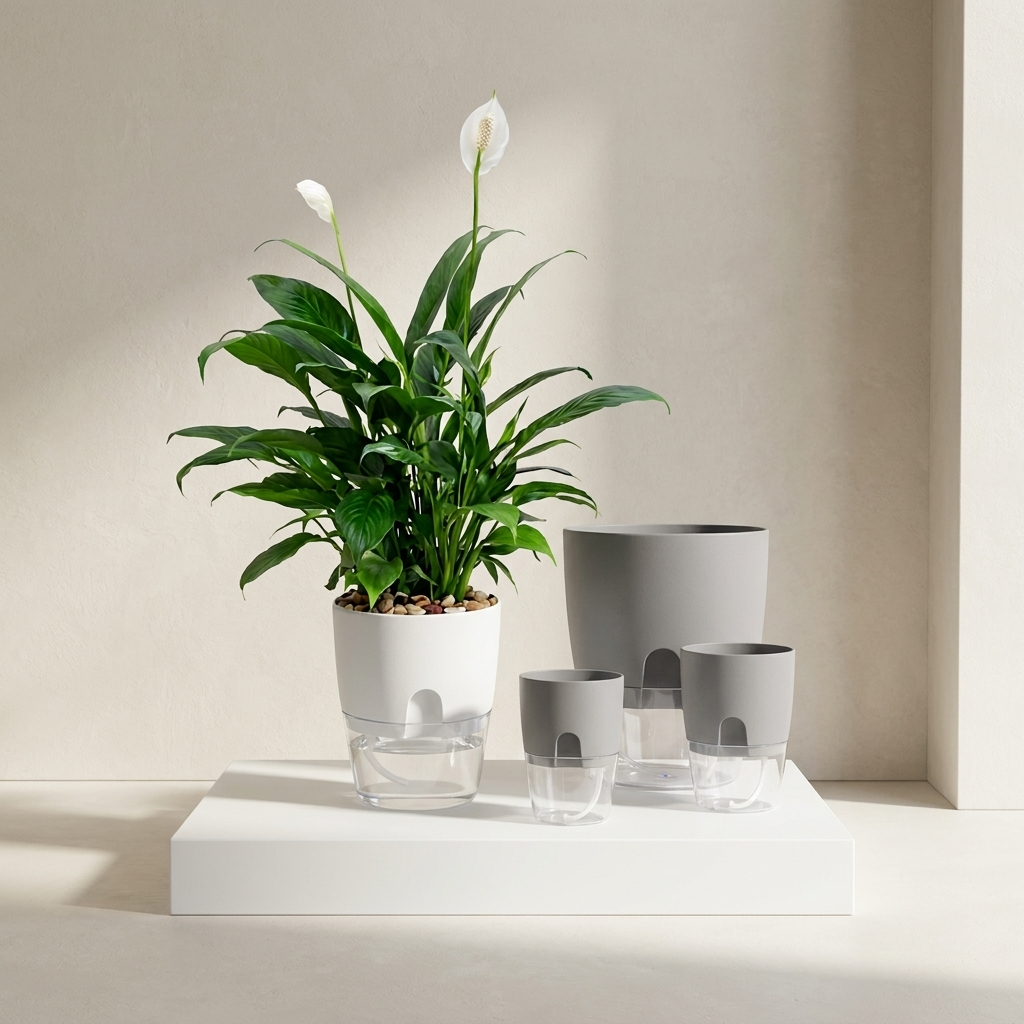 Potted plant with white flowers and gray planters on a light surface