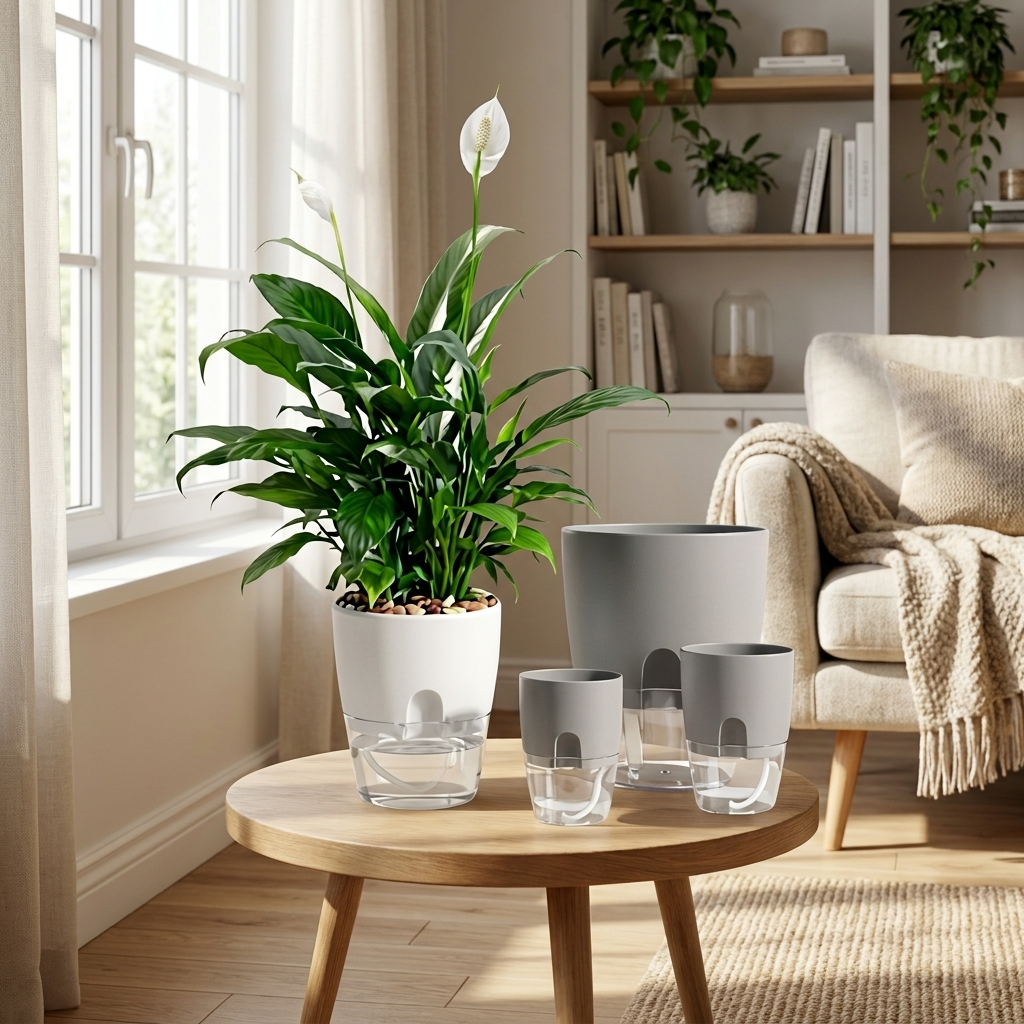 Living room with a round wooden table featuring potted plants and glass containers, a beige armchair with a blanket, and a bookshelf in the background.