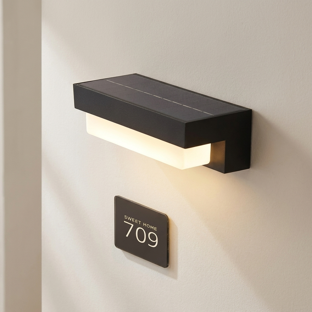 Modern wall-mounted light fixture with digital display on a neutral wall.