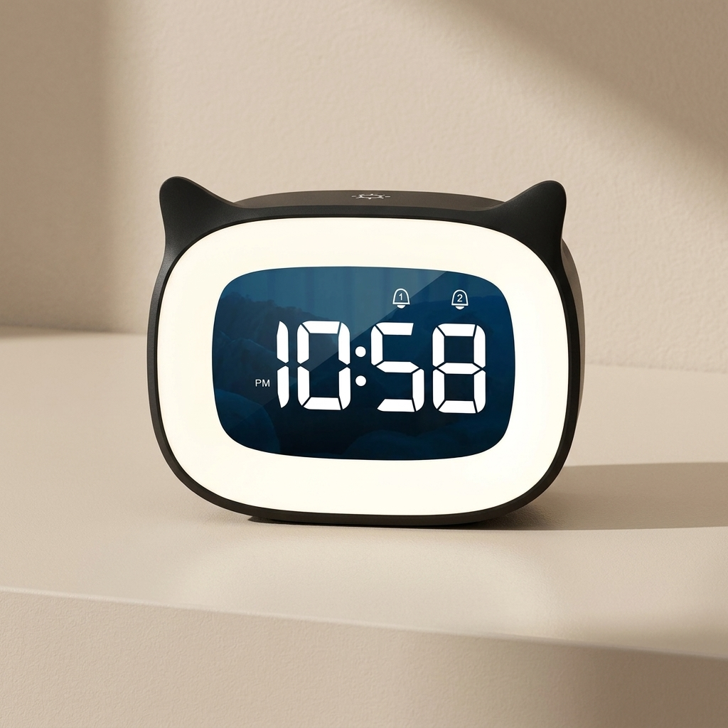 Digital clock with cat ears on a beige surface