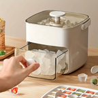 Ice cube tray with a hand pulling out a filled ice cube, placed on a wooden surface.