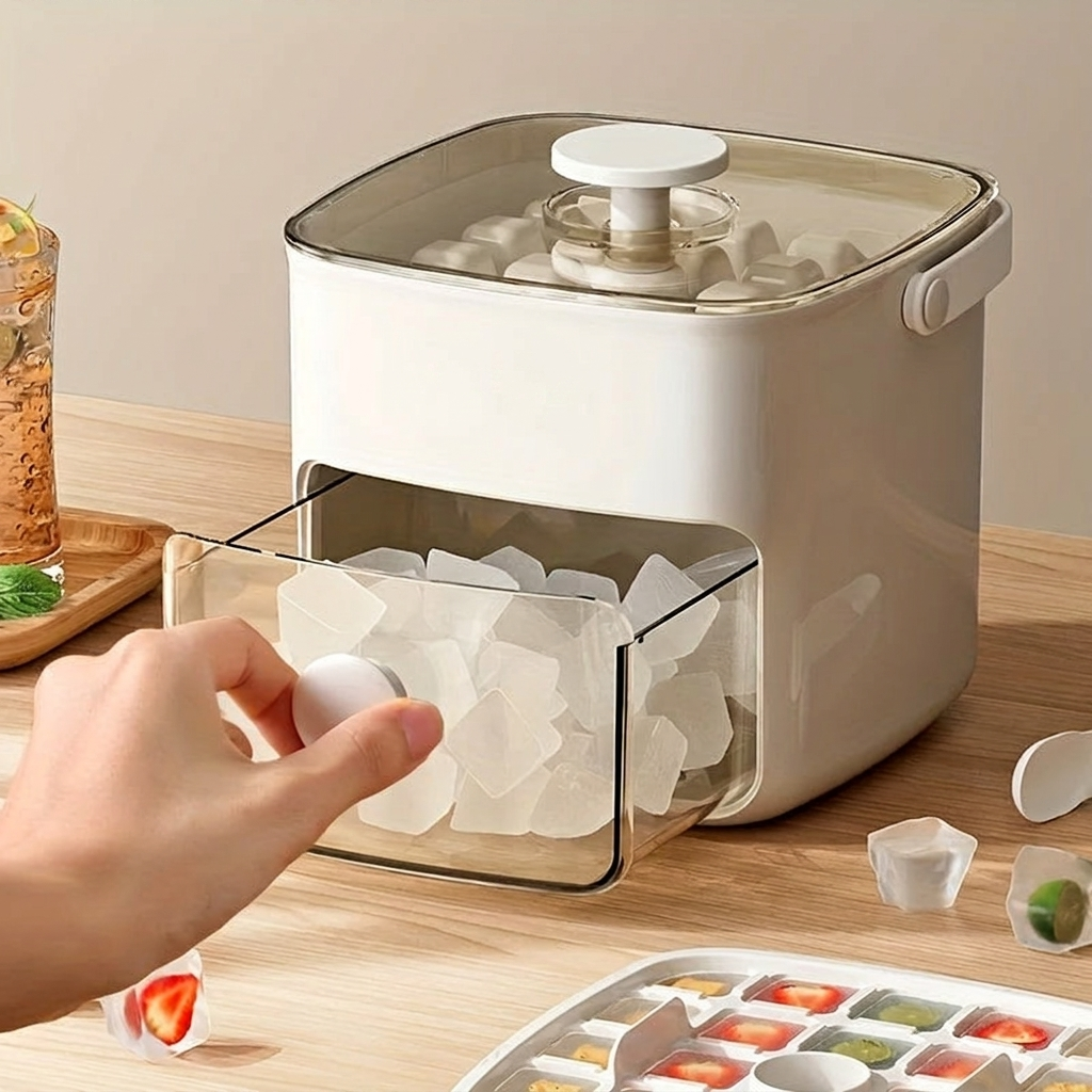 Ice cube tray with a hand pulling out a filled ice cube, placed on a wooden surface.