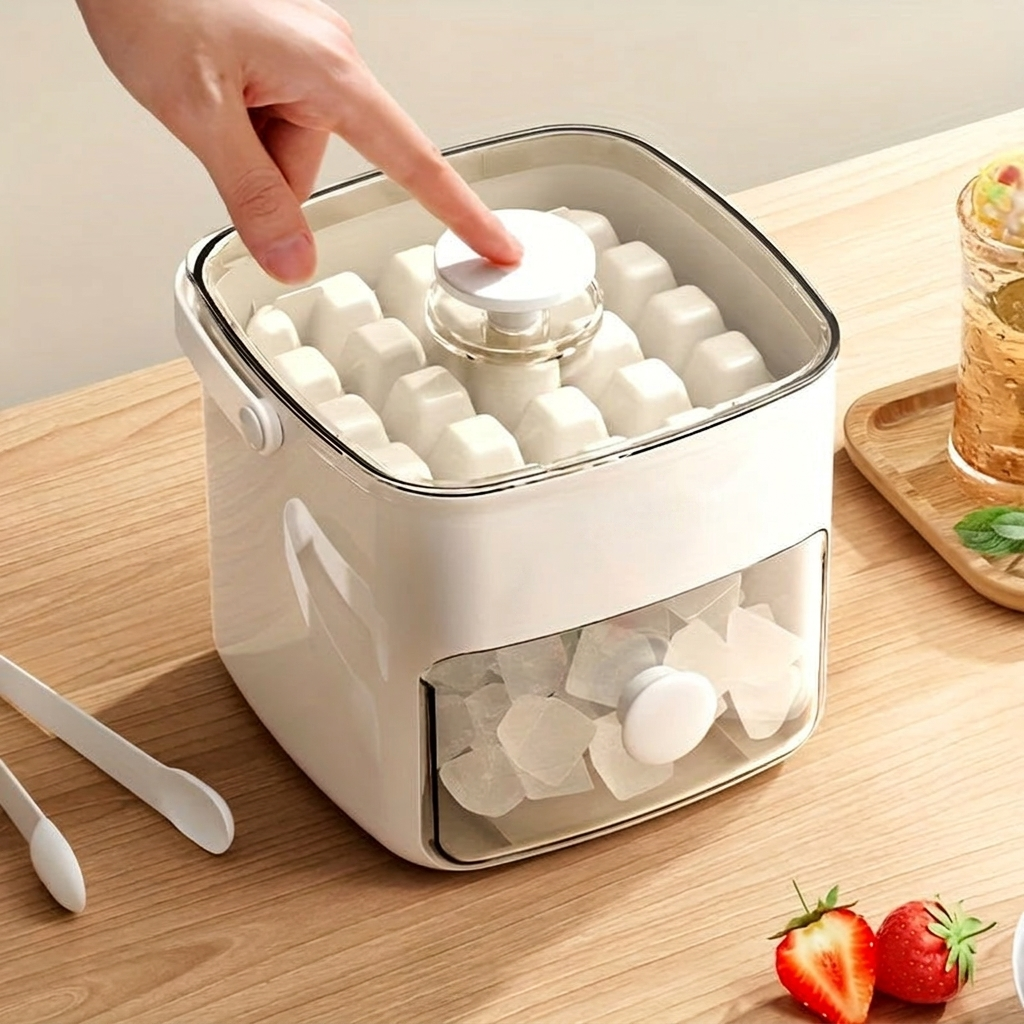 Ice cube tray with frozen cubes being removed on a wooden surface