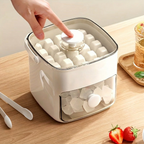 Ice cube tray with frozen cubes being removed on a wooden surface