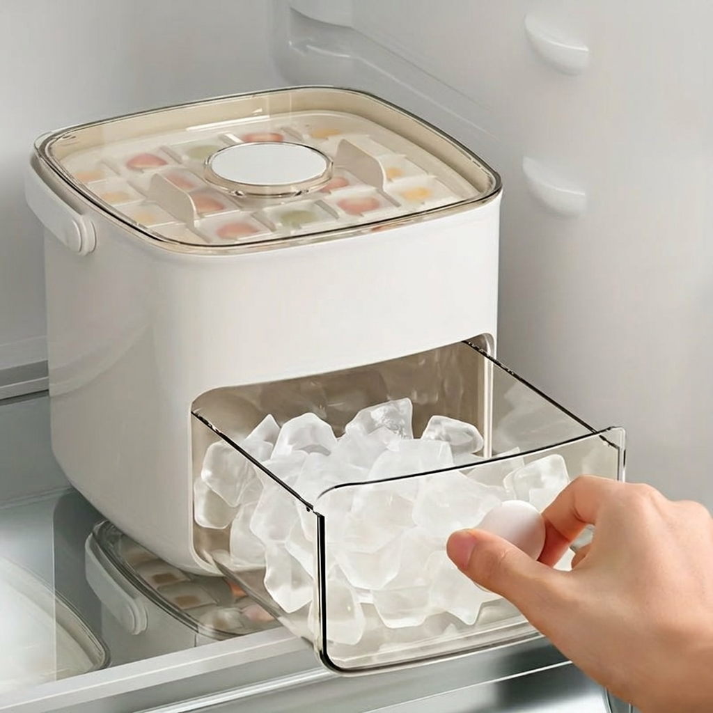 Ice cube tray with frozen cubes being removed from a freezer