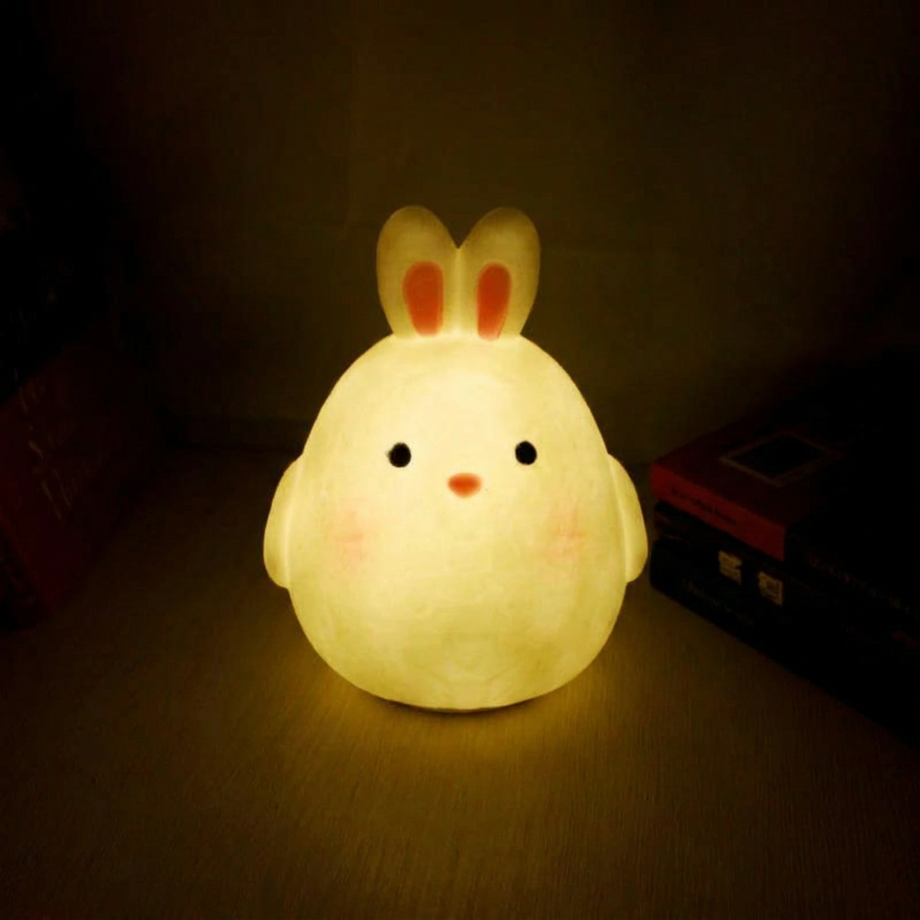Cute rabbit-shaped night light on a dark surface