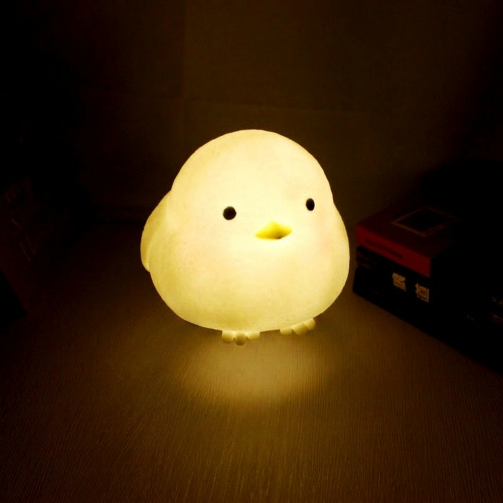 Cute chick-shaped night light emitting a warm glow on a dark surface.