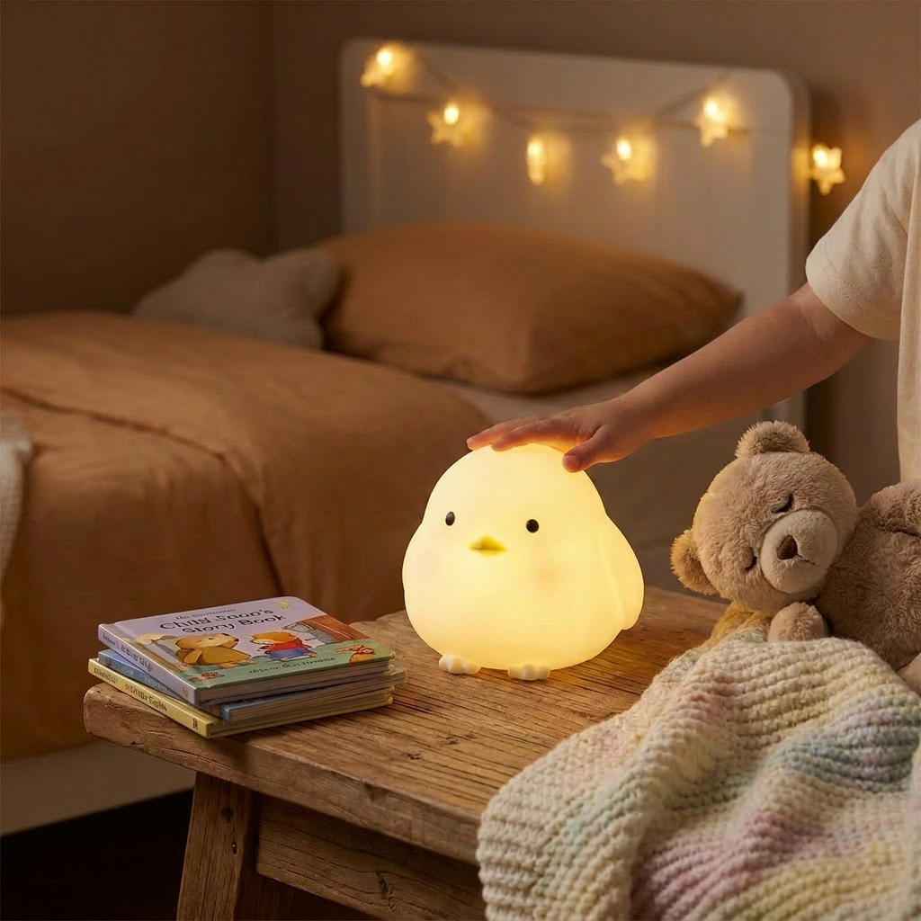Child's hand touching a glowing night light on a bedside table with books and a teddy bear.