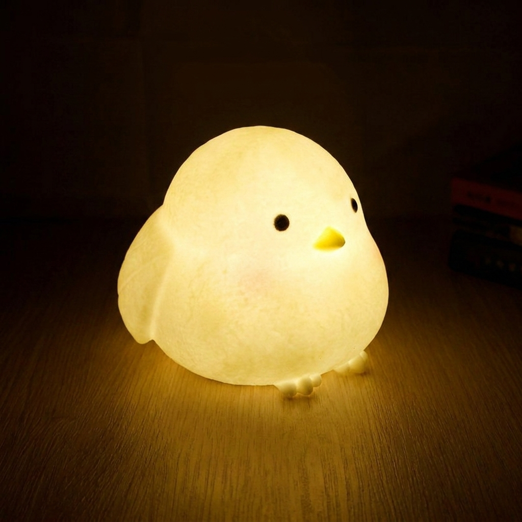 Cute chicken-shaped night light on a dark background