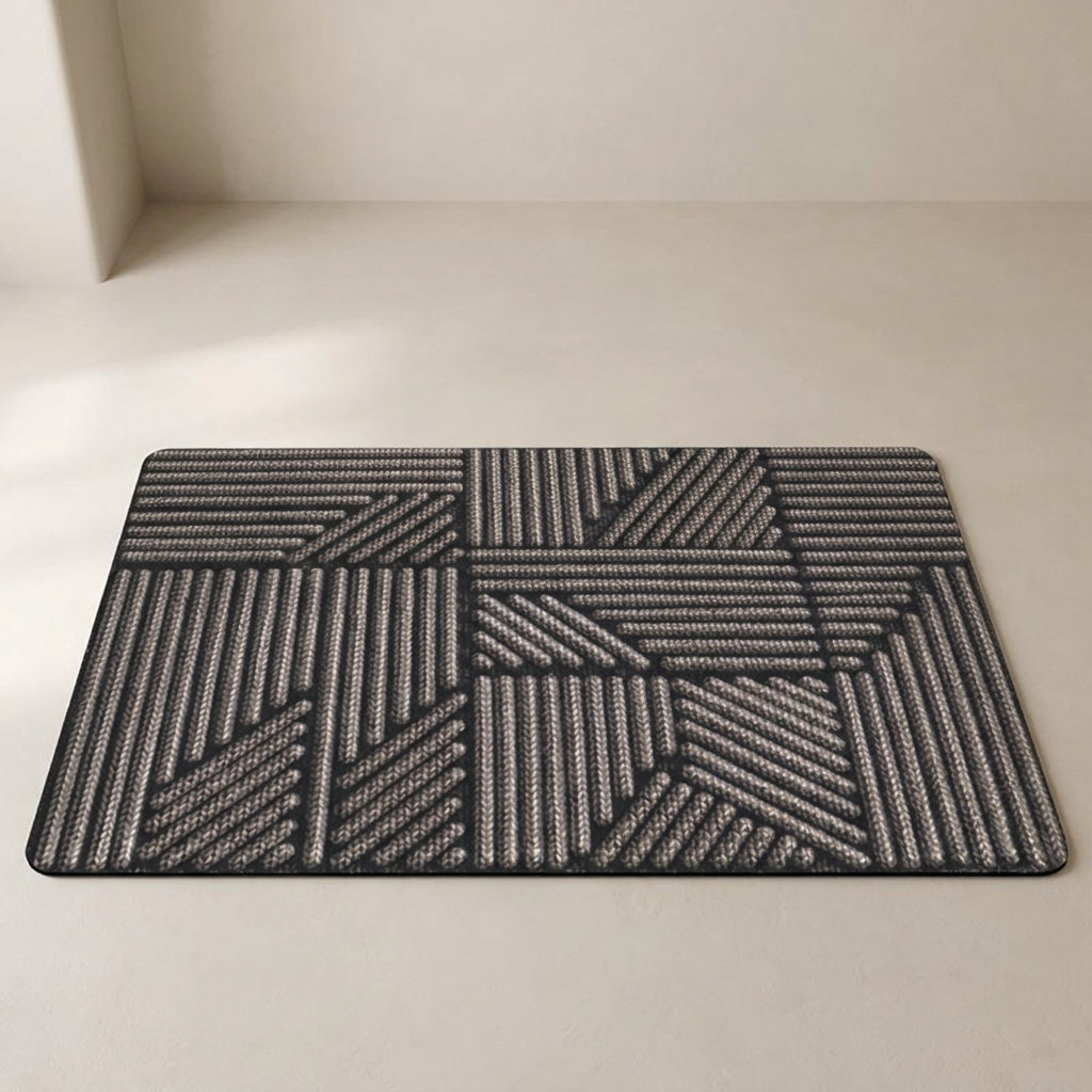 Geometric patterned doormat on a plain floor