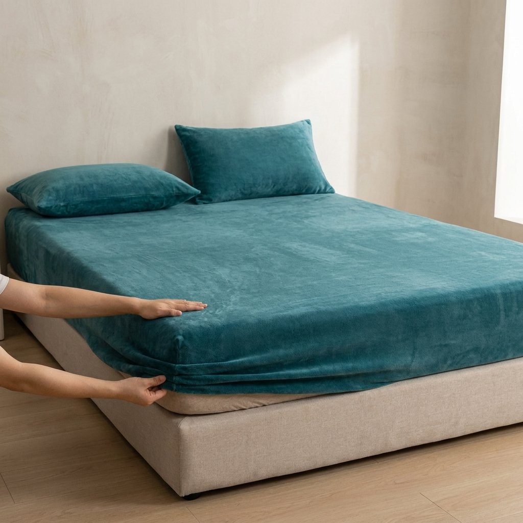 Person adjusting a teal fitted sheet on a bed in a minimalistic room.