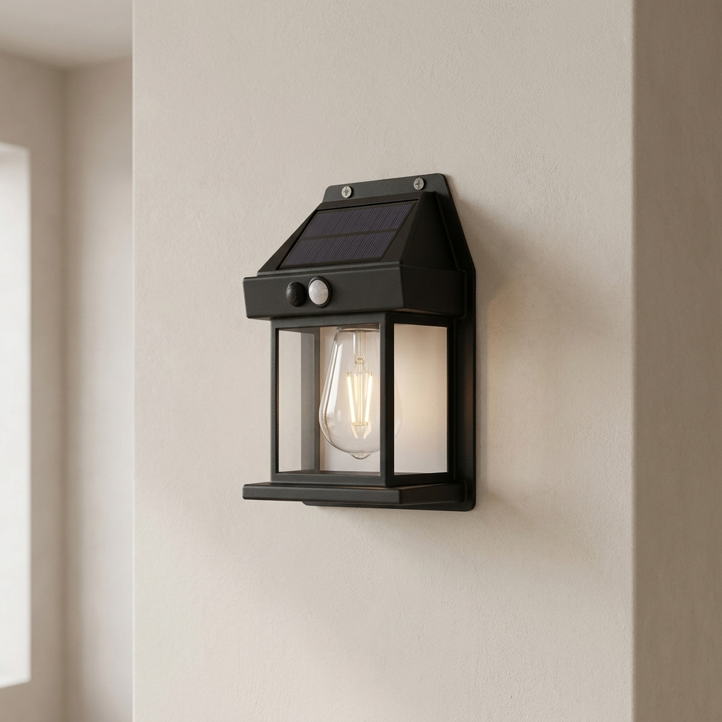 Solar-powered outdoor wall light fixture on a neutral wall.