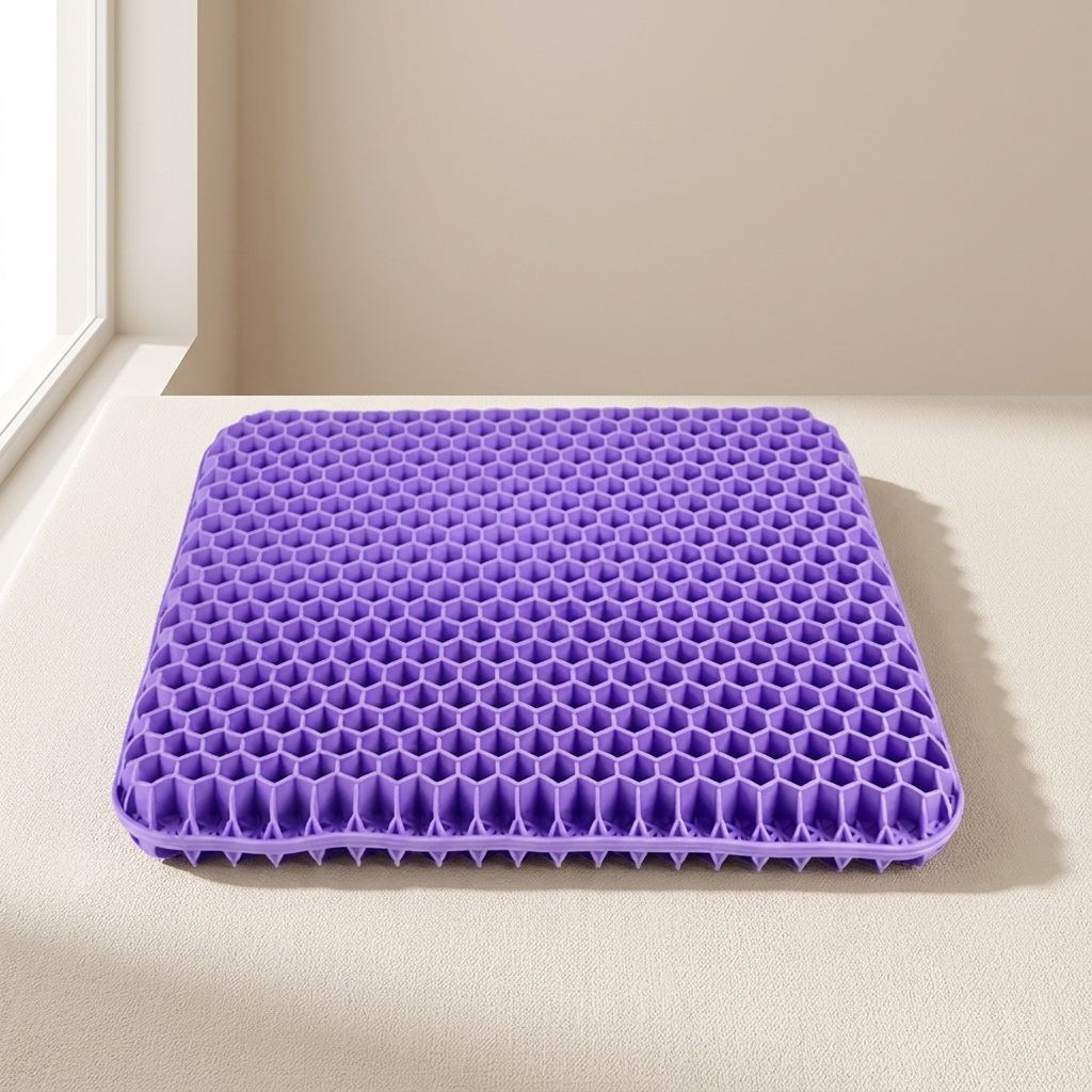 Purple honeycomb cushion on a beige floor