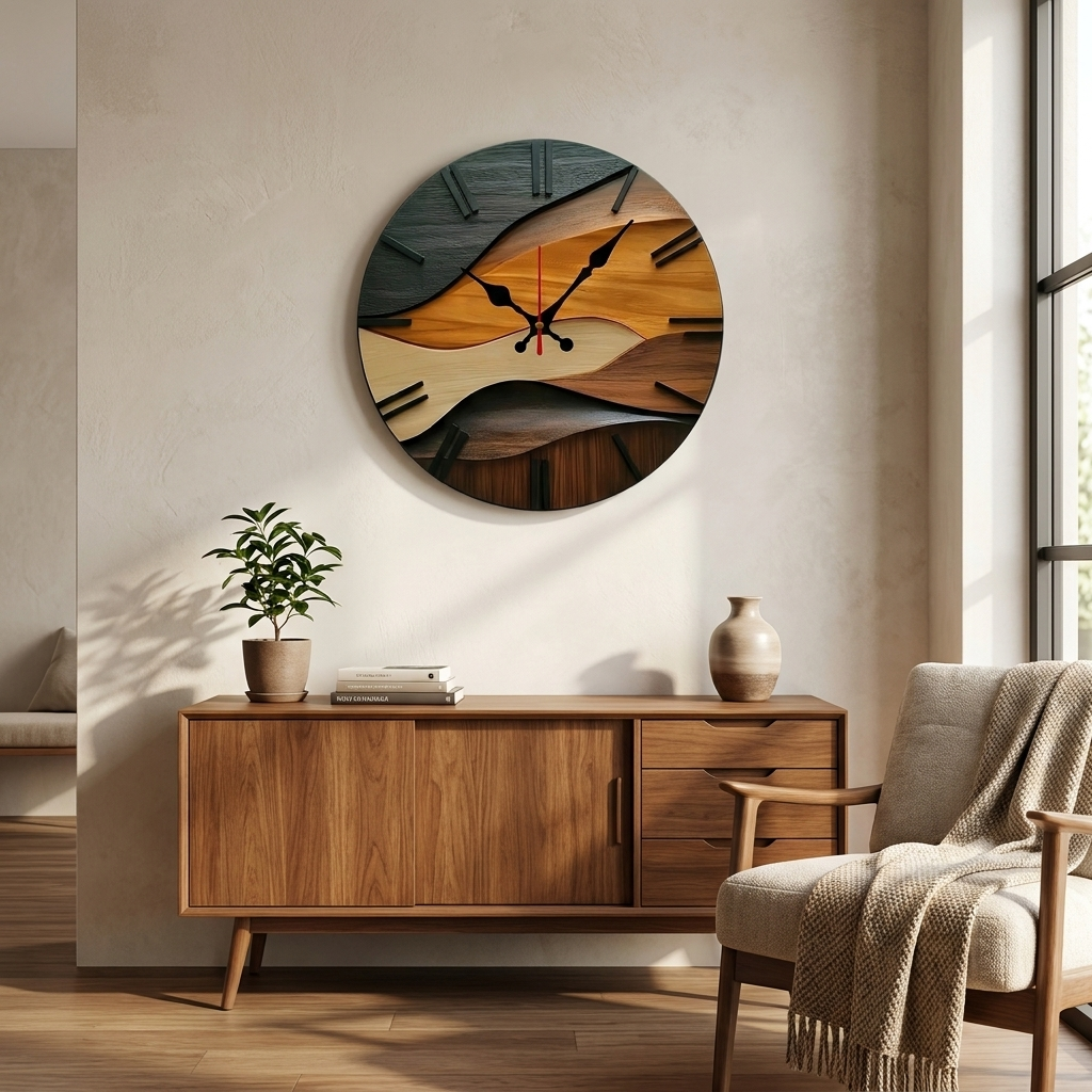 Wooden wall clock on a wall above a wooden sideboard in a room with a chair and plant.