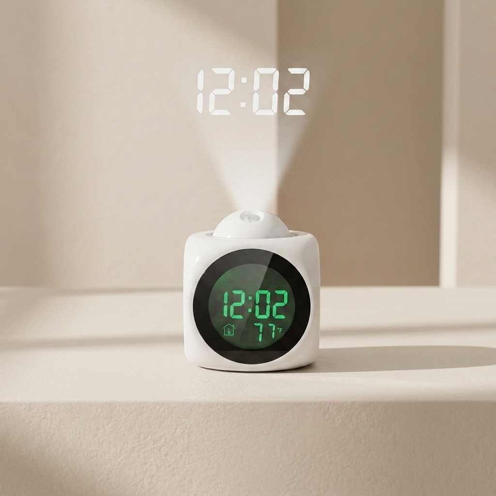Digital clock with humidity and temperature display on a neutral background