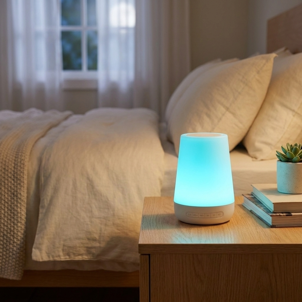 Nightlight on a bedside table in a bedroom