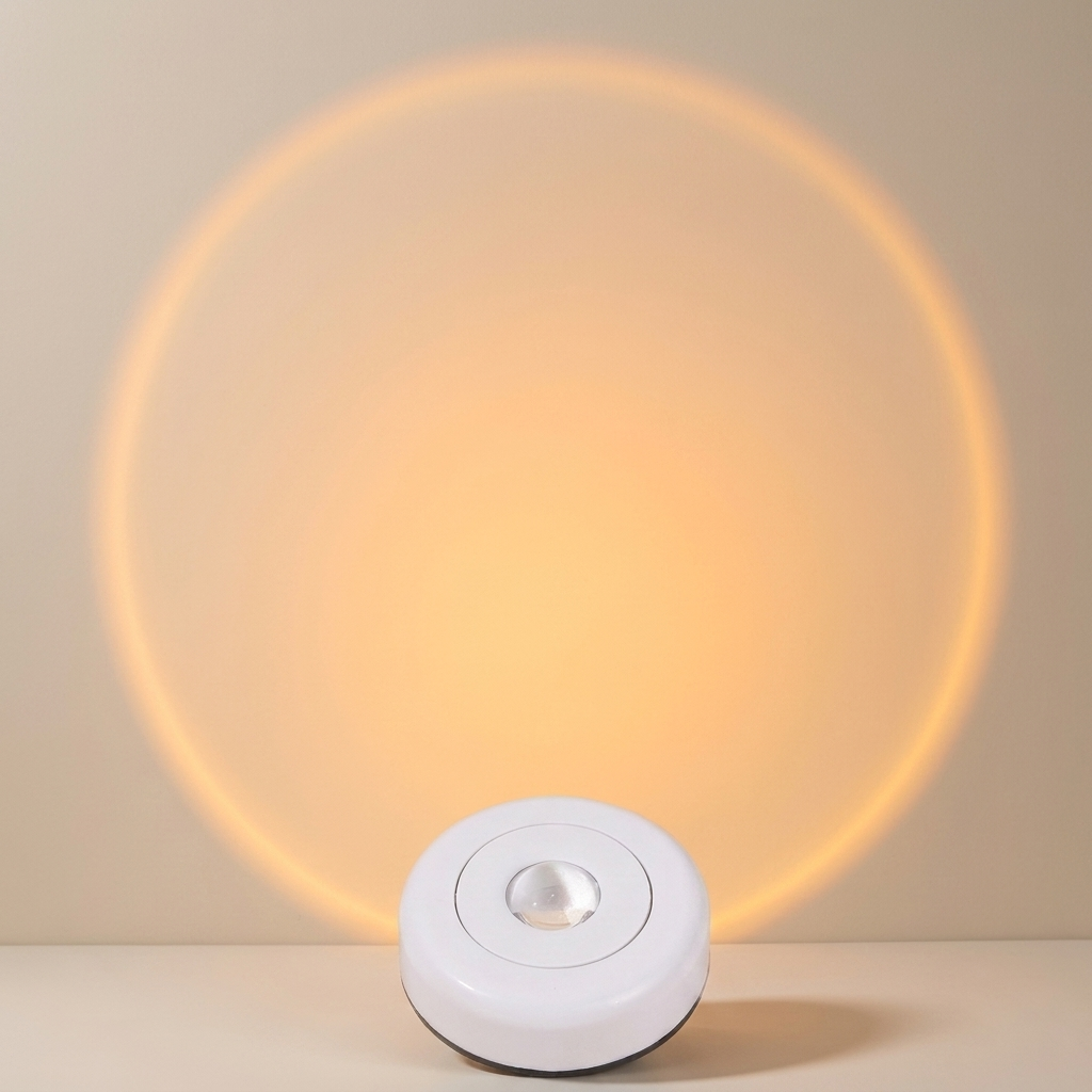 Round white light bulb with warm glow on a beige background