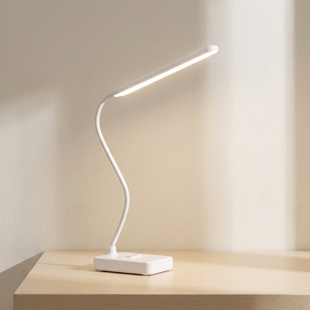 Modern LED desk lamp with flexible neck on a wooden surface.