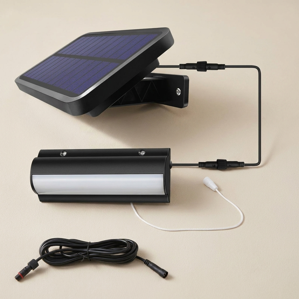 Solar panel and light fixture on a beige background