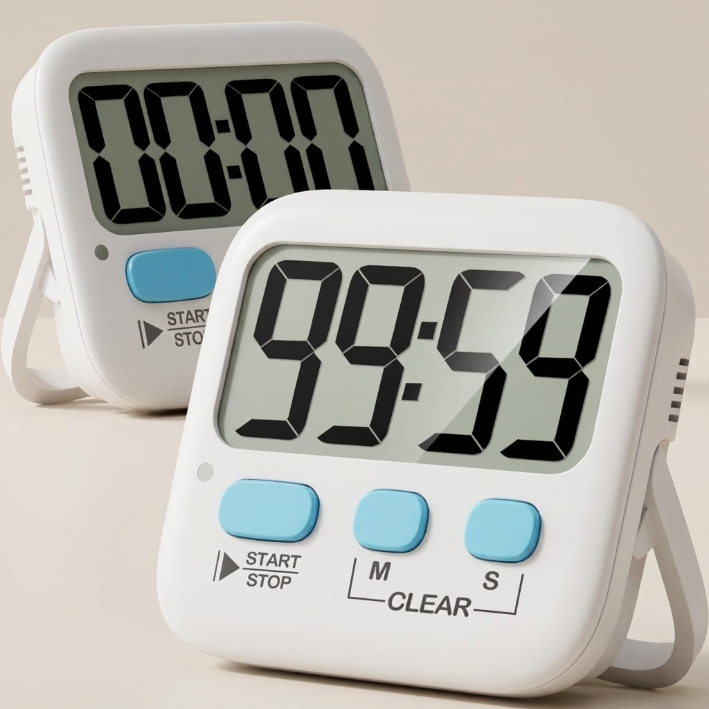 Two digital timers with white and blue buttons on a beige background