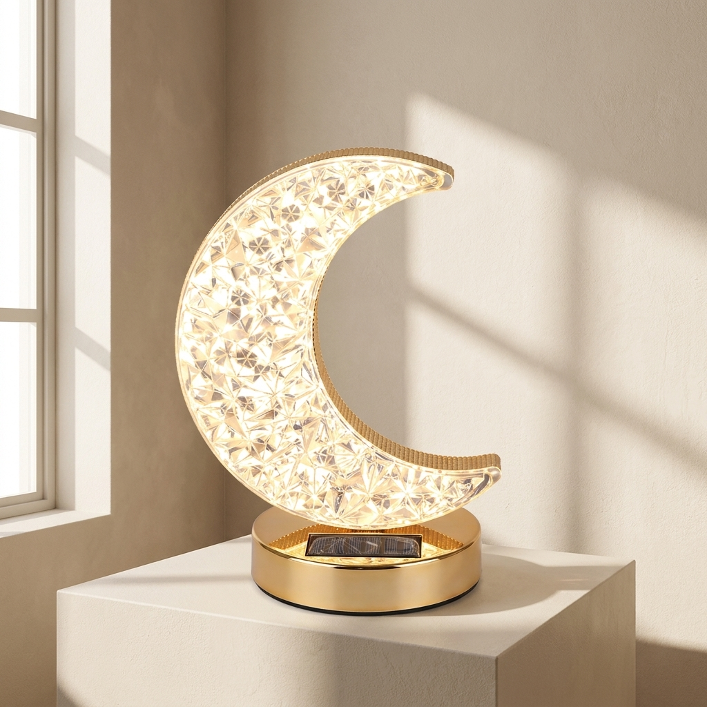 Decorative moon-shaped lamp on a white surface with a window in the background