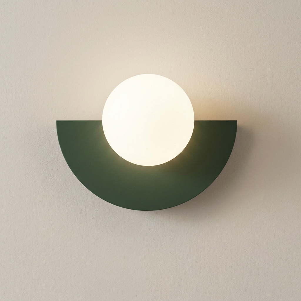 Wall-mounted light fixture with a green semi-circular base on a beige wall.