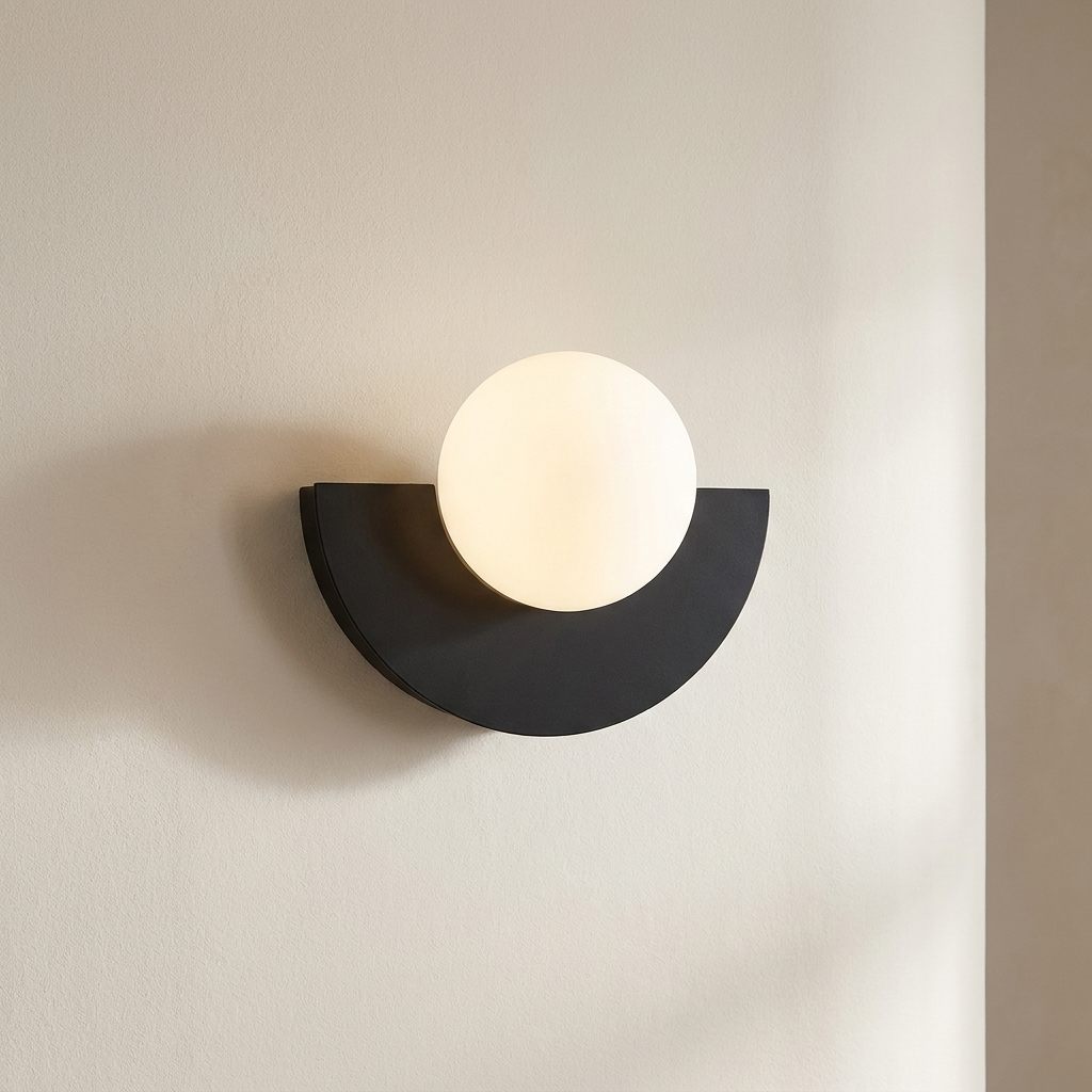 Modern wall sconce with a black half-circle frame and white globe on a neutral wall.