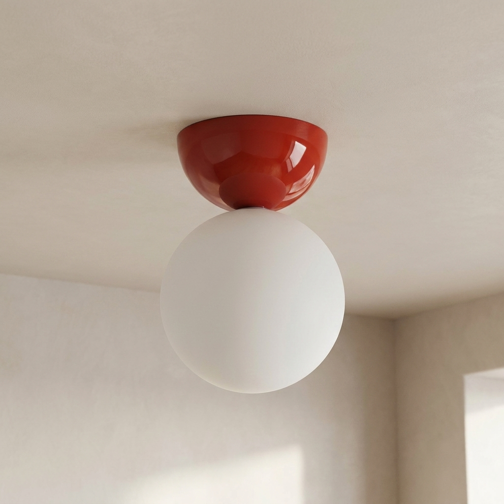 Ceiling light fixture with red cover and white bulb in a room.