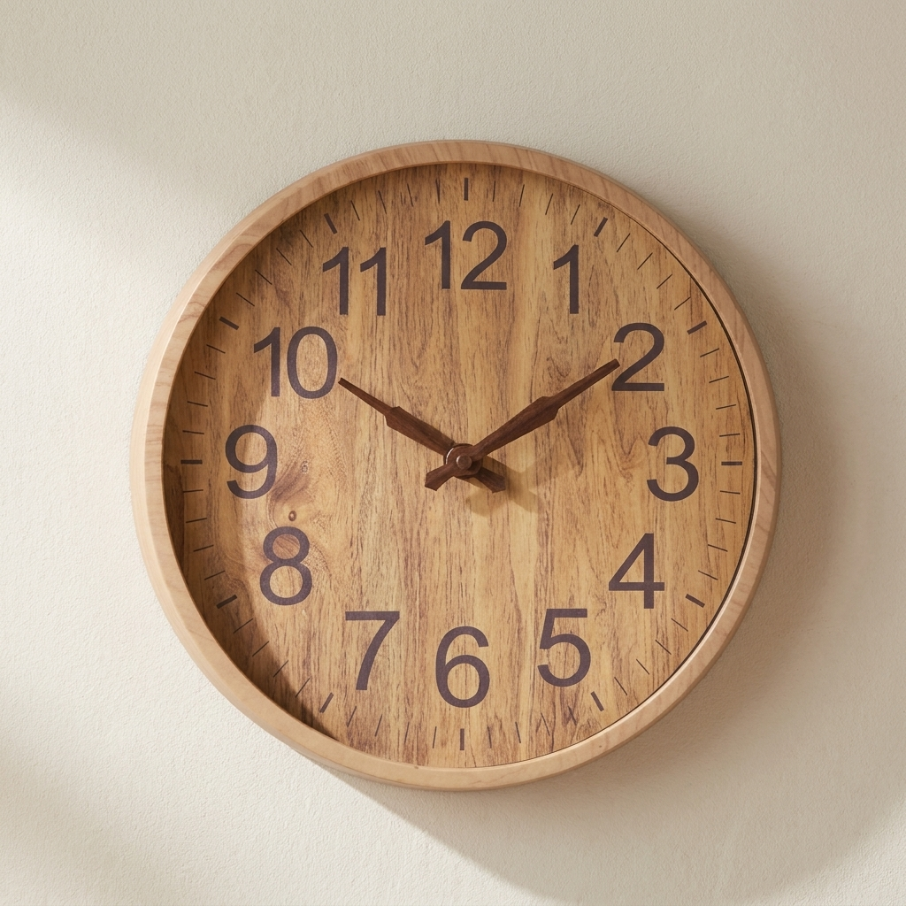 Wooden wall clock with brown hands on a beige background