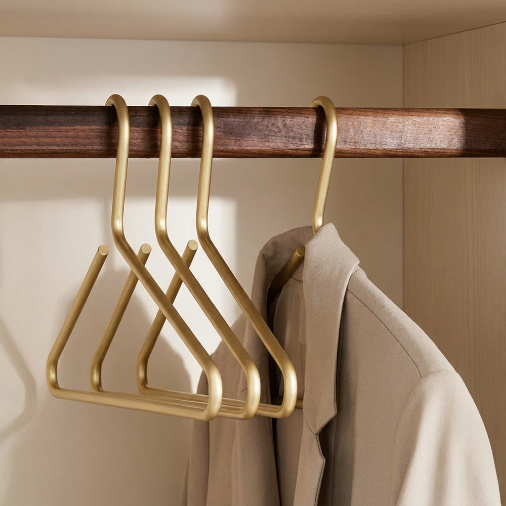 Gold hangers on a wooden rack with a beige coat