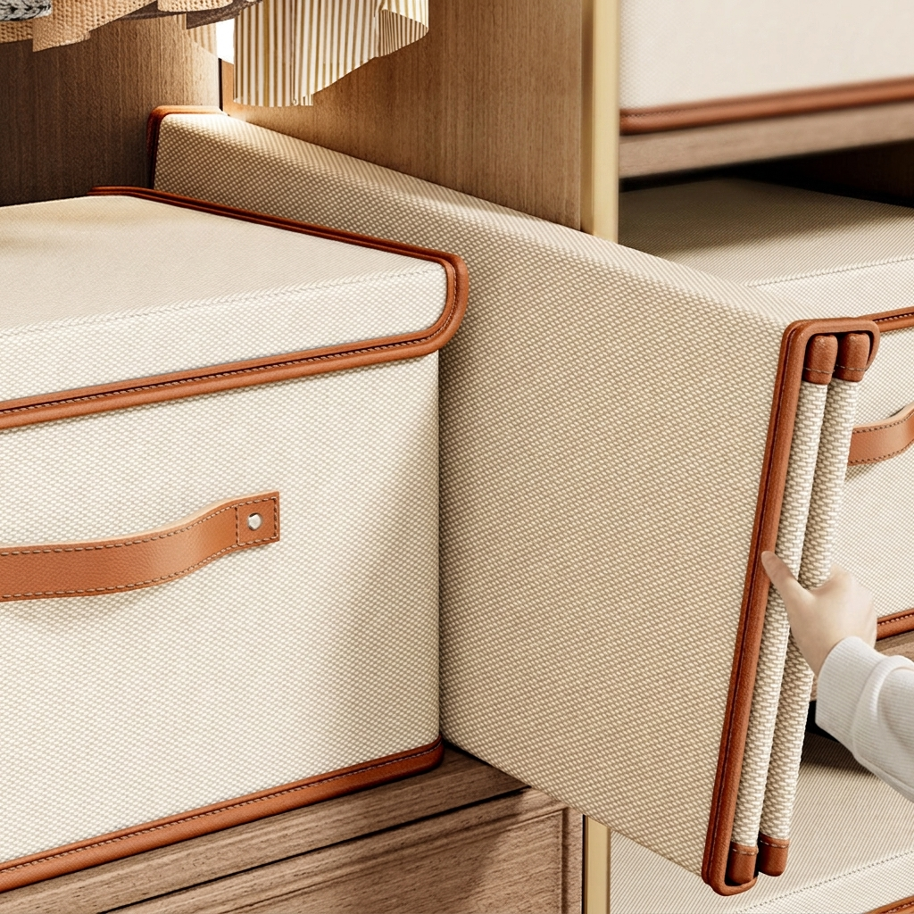 Beige storage basket with brown handles on a wooden surface