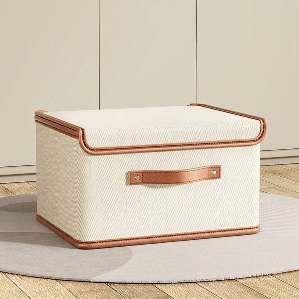 Beige storage box with brown trim and handle on a wooden floor.