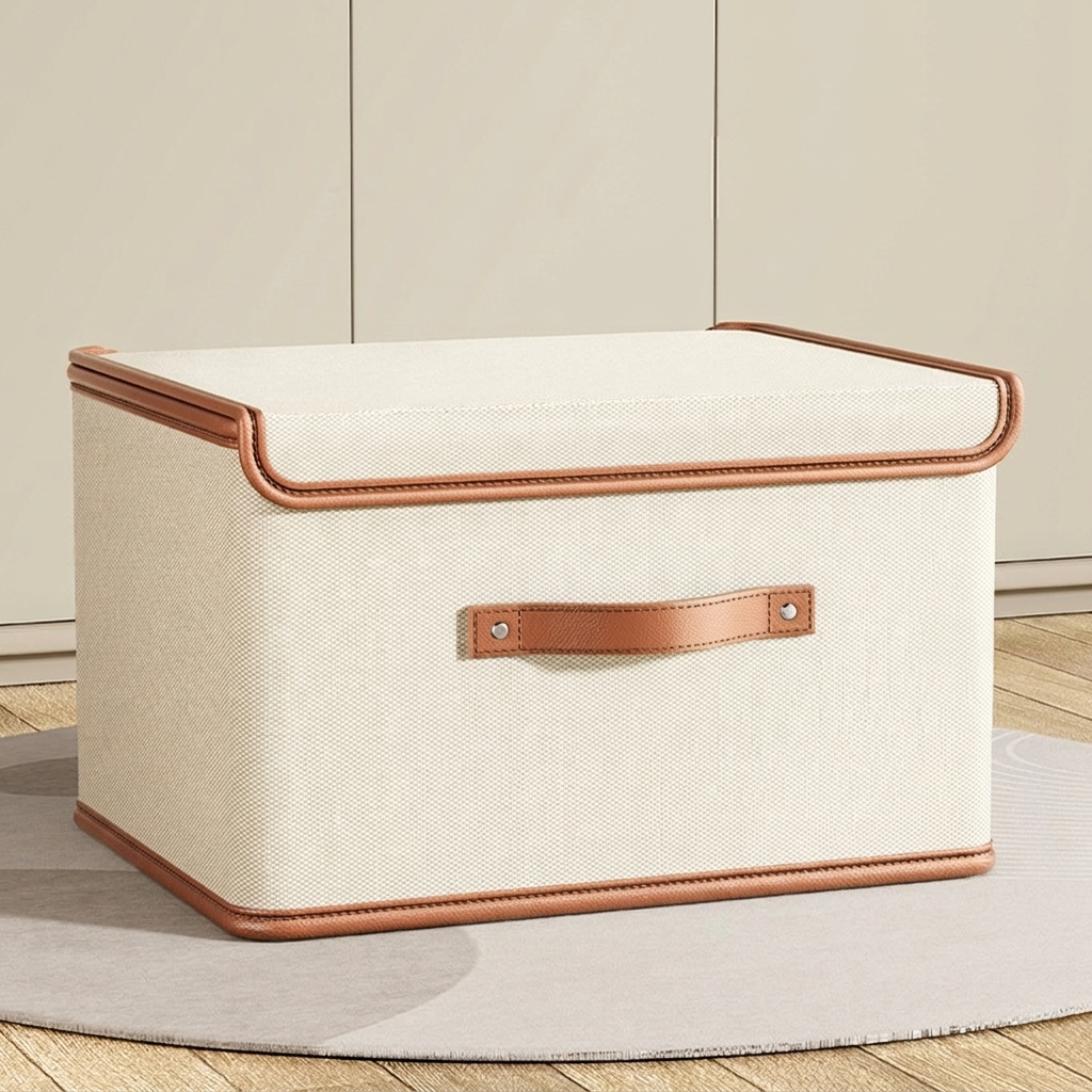 Beige storage box with brown leather handles on a wooden floor.