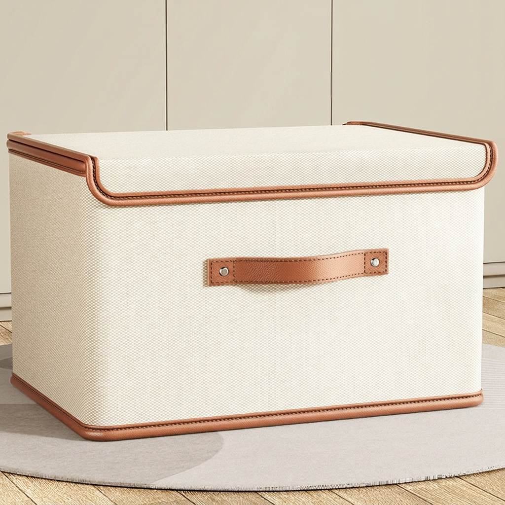 Beige storage box with brown trim on a wooden floor