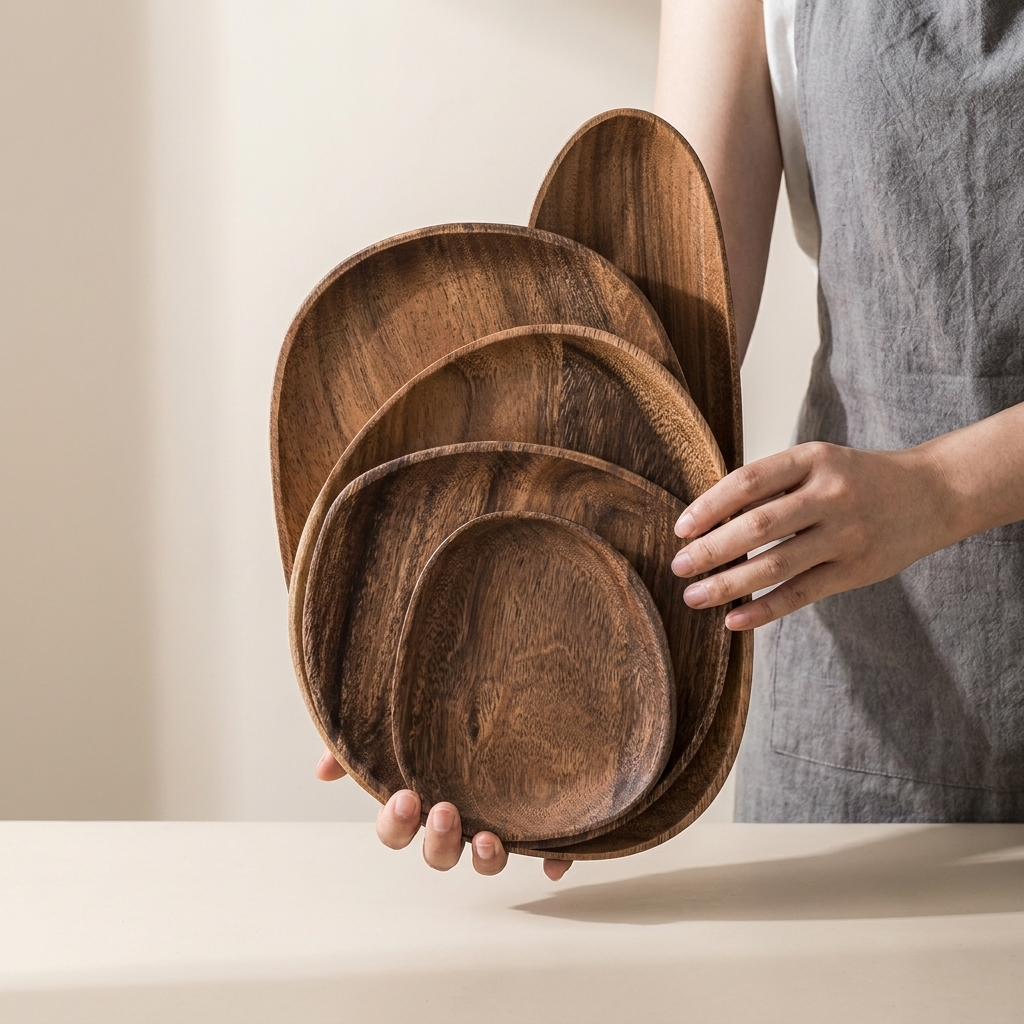 Person holding a set of wooden plates against a neutral background