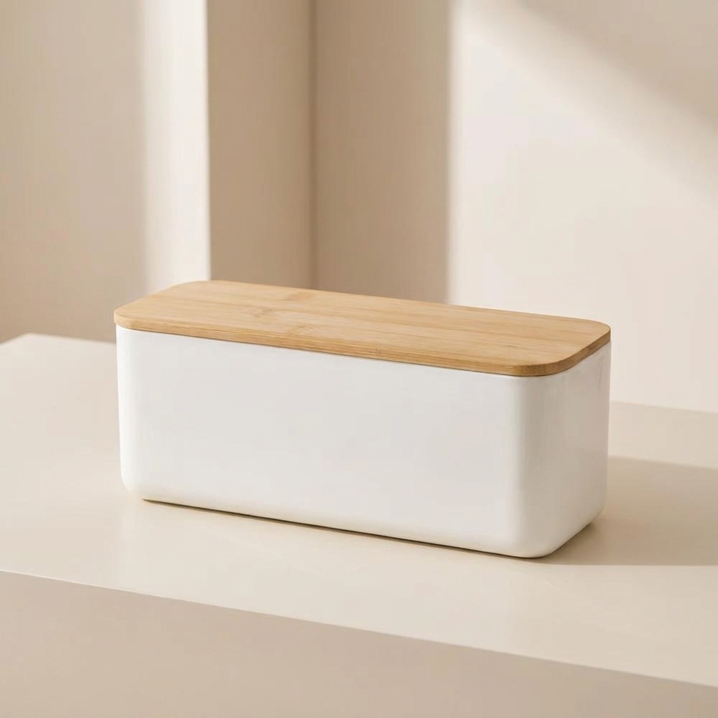 White bread box with a wooden lid on a beige surface