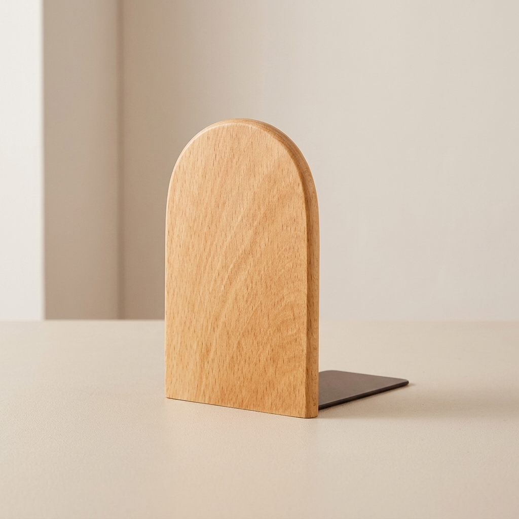 Wooden bookend on a beige surface with a neutral background