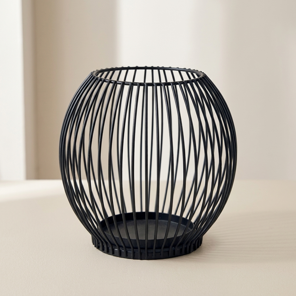 Black wire basket on a light wooden surface with a neutral background