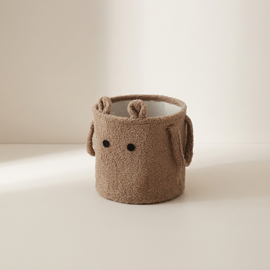 Brown woven basket with a face on a beige background