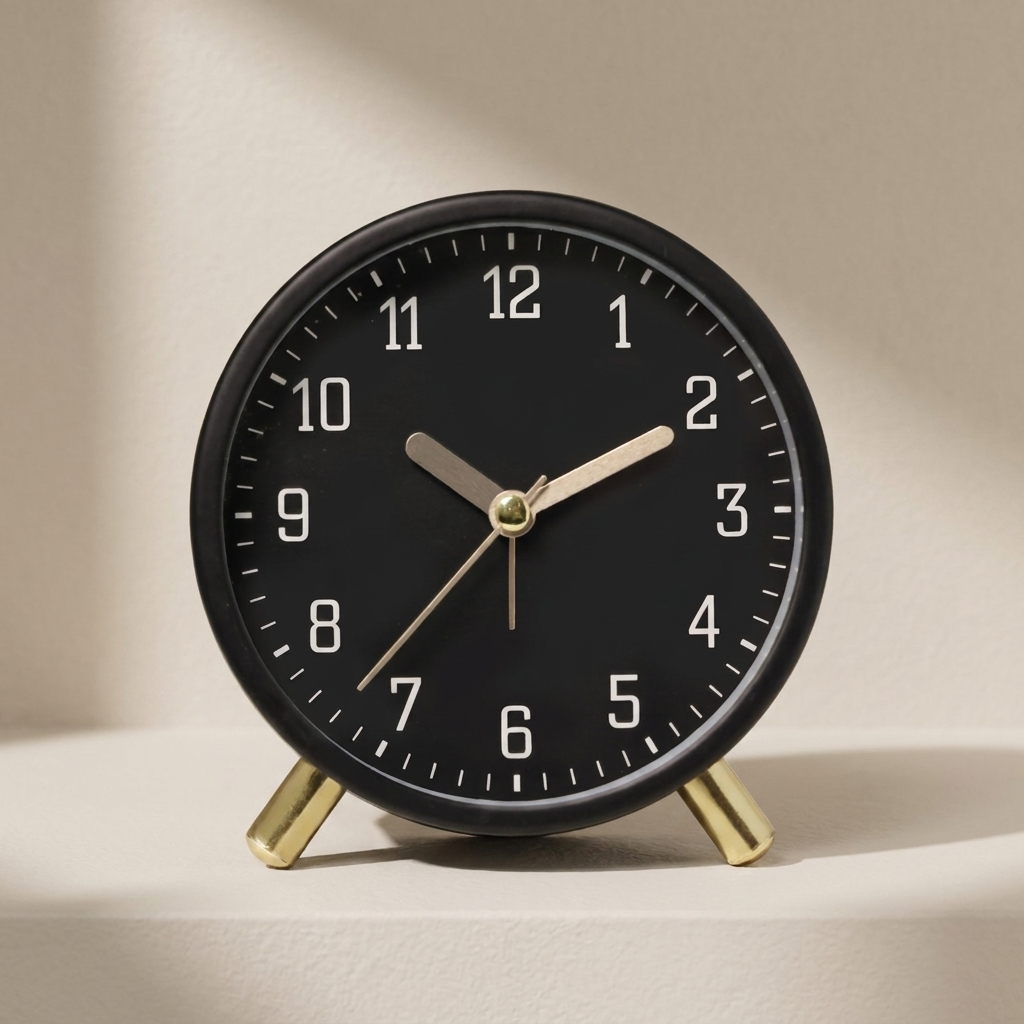 Black clock with gold hands on a beige background