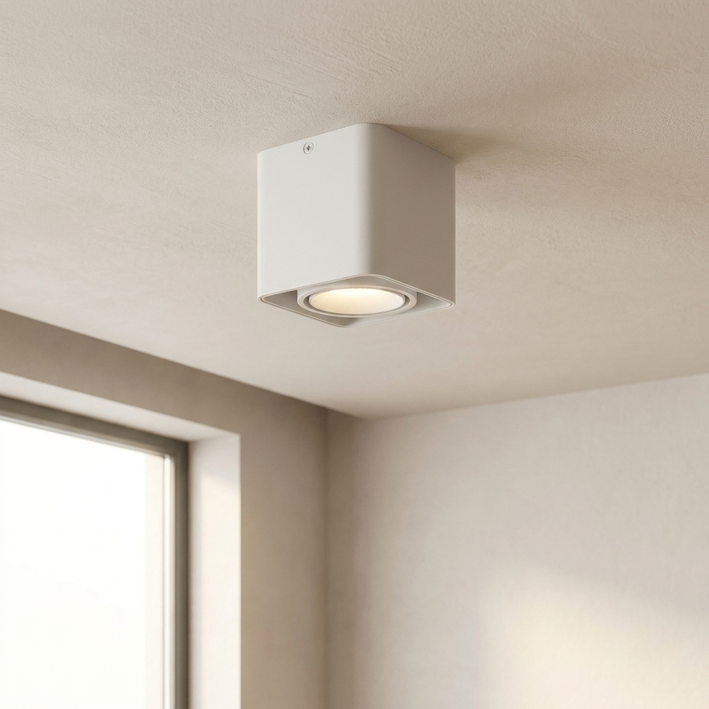 Square ceiling light fixture on a beige ceiling