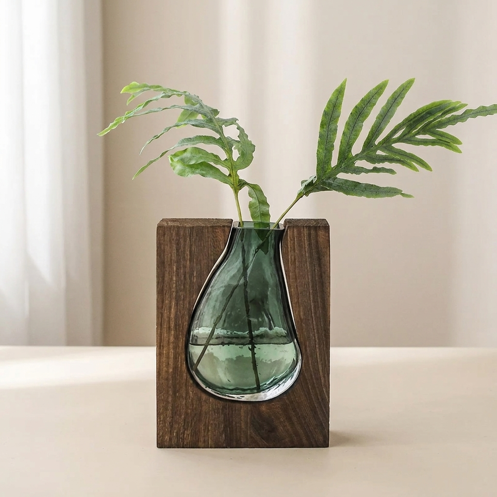 Green glass vase with wooden base holding a plant against a neutral background