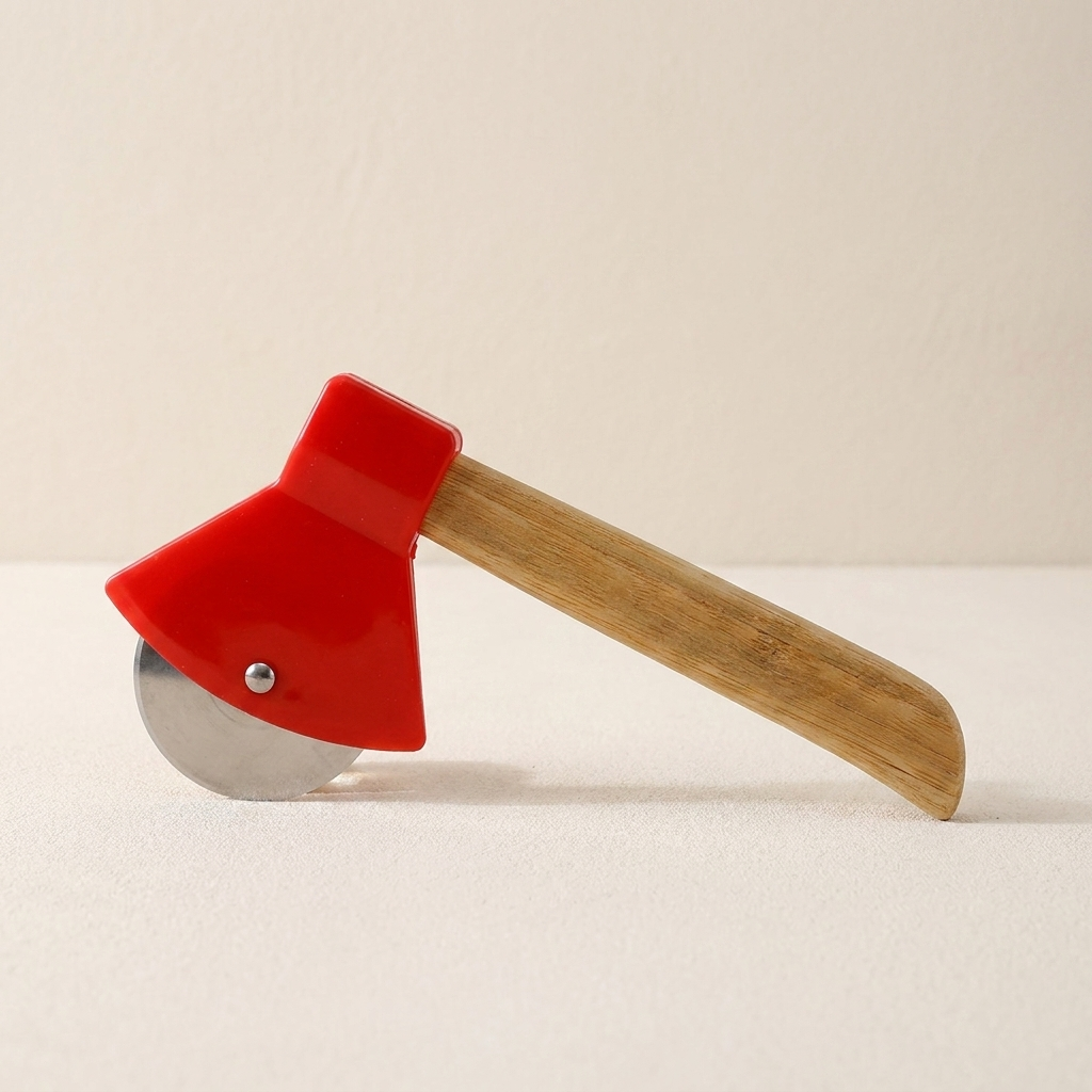 Miniature axe with a red head and wooden handle on a white background
