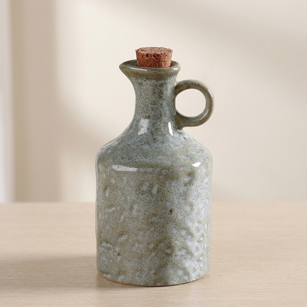 Stoneware bottle with cork stopper on a neutral background