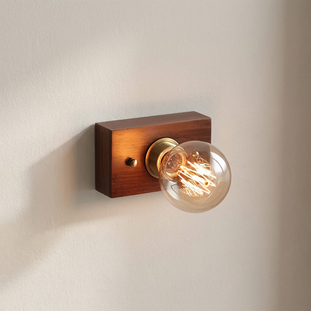 Wooden wall sconce with a lit Edison-style bulb on a neutral background